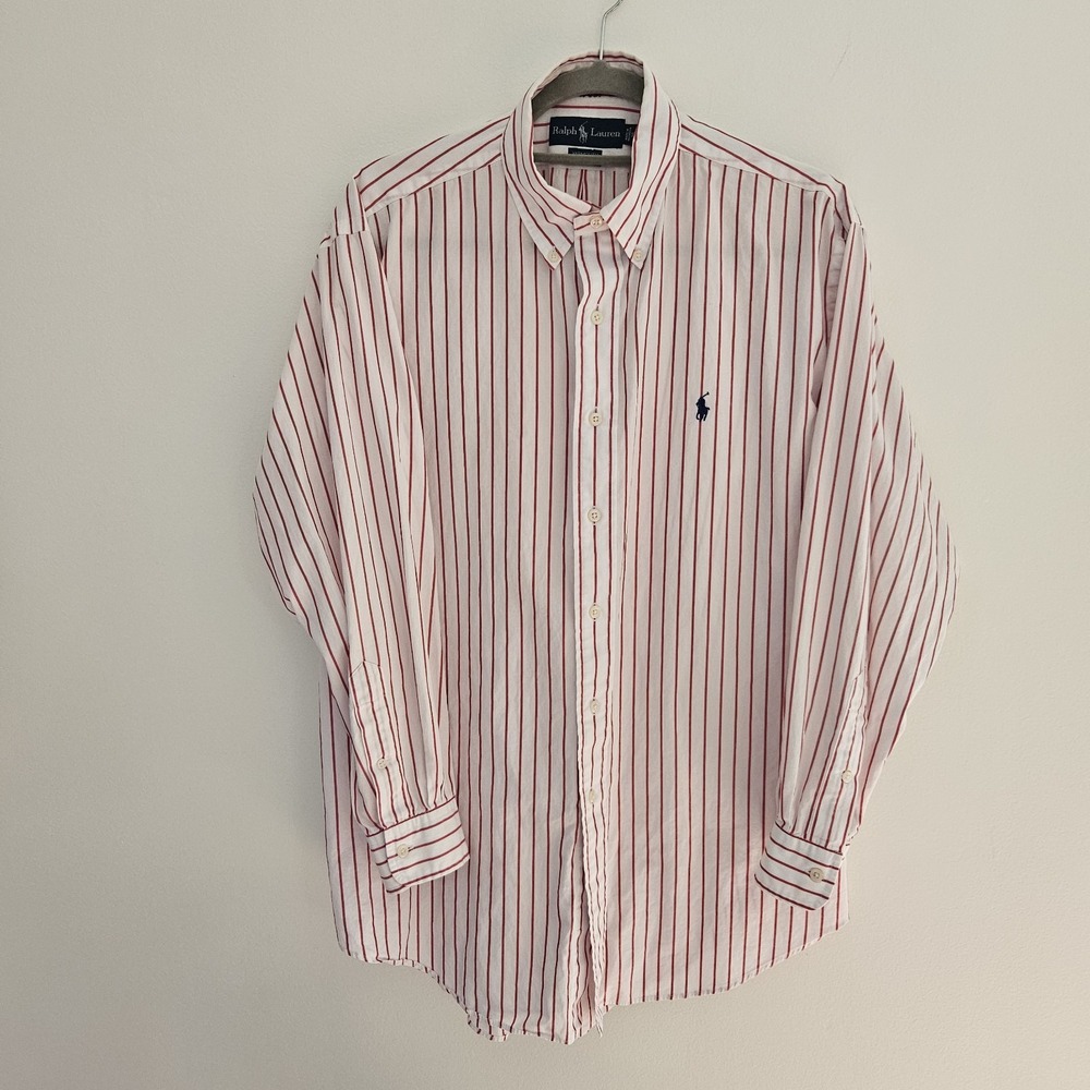 Polo Ralph Lauren Shirt Mens L XL Red White Striped Yarmouth‎ Fit Cotto 16 32/33